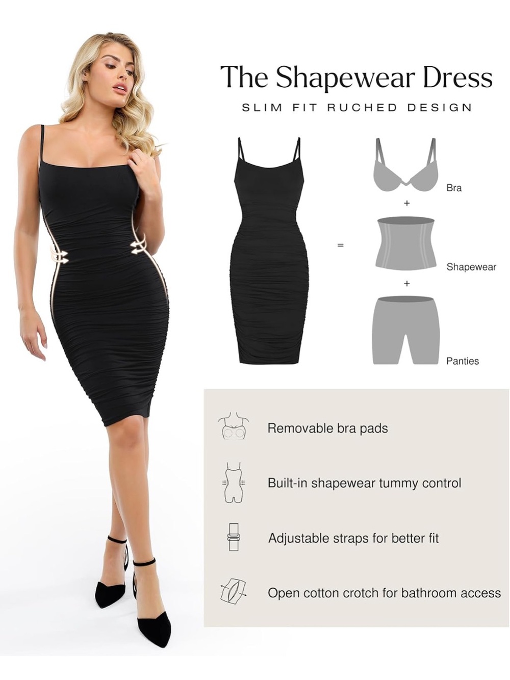 NWT Popilush Black Ruched Built-In Shapewear Slip Bodycon Mini Dress Slimming L